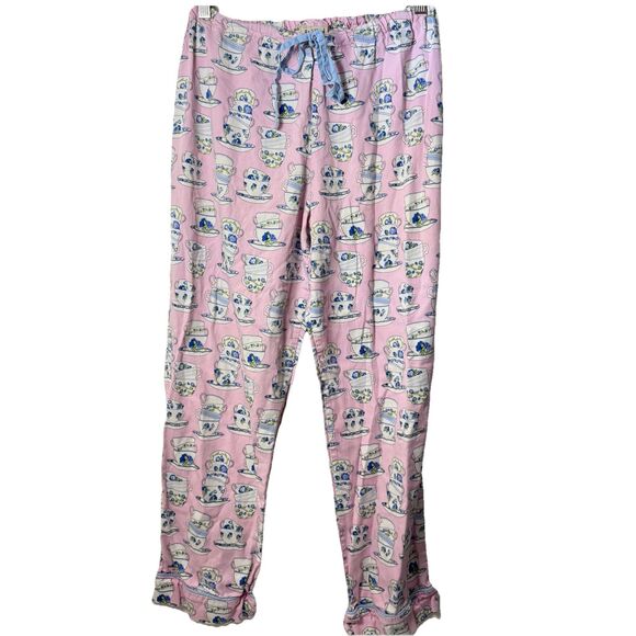 Bed Head Pajama Pants Womens XL Pink Floral Tea Cups Playful Lounge Sleepwear